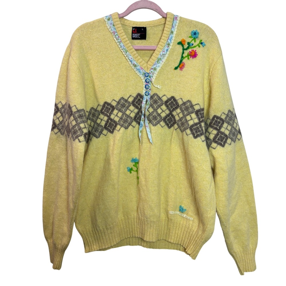 Vintage Argyle Floral Embroidered Yellow Knit Cardigan Sweater L Kidcore Cottage